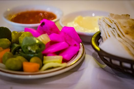 Pickled Olives and veggies with a side of pita