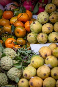 Stacks of fruits for sale at a fruit market