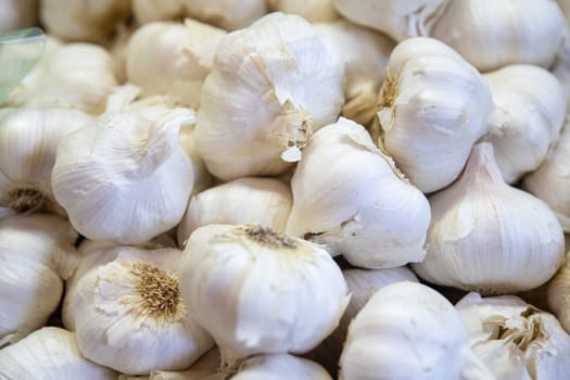 Bunch of Garlic Bulbs stacked in a market