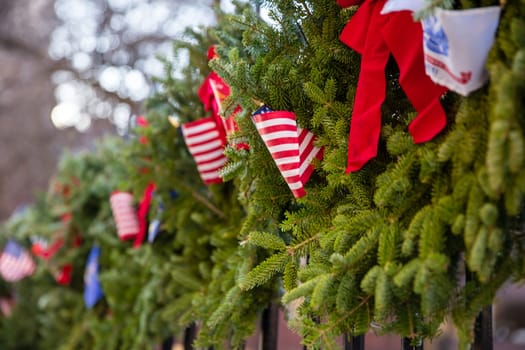 Fence decorated for the holidays in Boston, Masschusetts