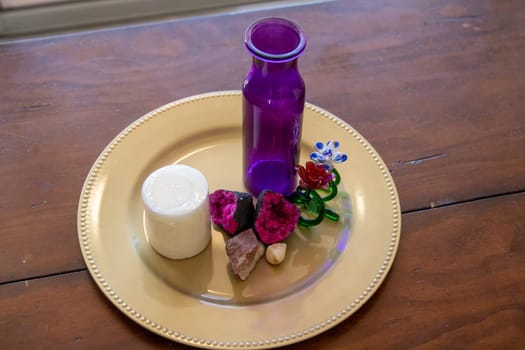 Simple spa set up with geodes and a candle