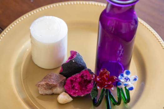 Simple spa set up with geodes and a candle