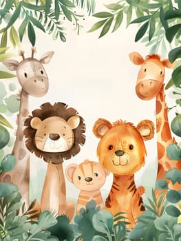 A group of terrestrial organisms, including a fawn and working animals, stand together in the jungle. Their adaptations and happy expressions showcase the beauty of nature