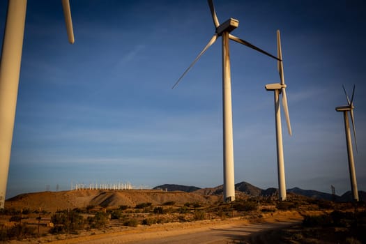 Wind turbines in the desert at sunrise in California