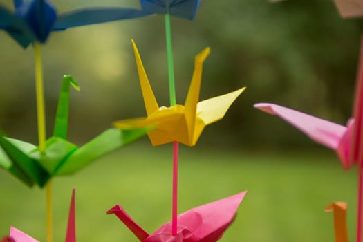 Origami Curtain in Rainbow colors hanging