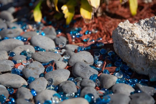 Garden Walkway with Blue rocks represting a stream