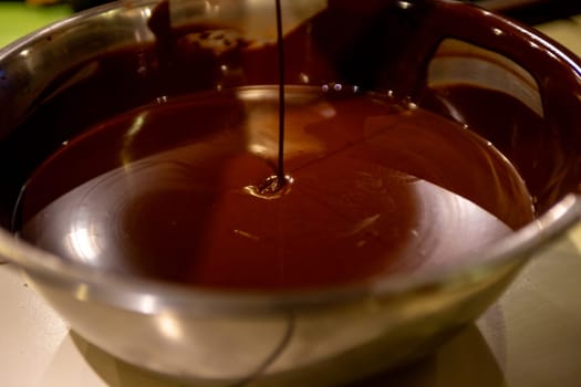 Pouring Melted chocolate in a mixing bowl