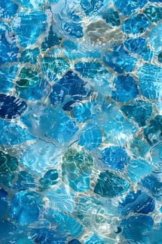 A closeup of a swimming pool with azure liquid surrounded by blue rocks, creating an electric blue pattern. The water looks like glass, transparent material, flowing fluidly