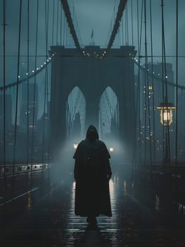 In the darkness of the city, a person in a hooded coat walks across a bridge in the rain. The electric blue mist adds a touch of art and symmetry to the rainy event