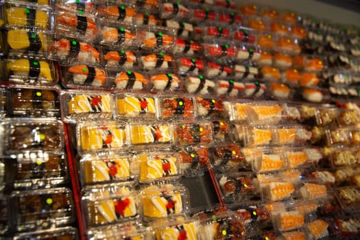 Variety of Mini sushi on display to buy