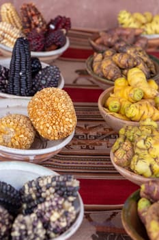 Batches of Peruvian spices and corn to be used