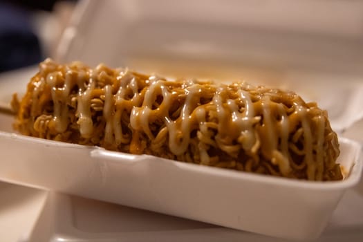 Japanese ramen corndog with mayonnaise and yum yum sauce