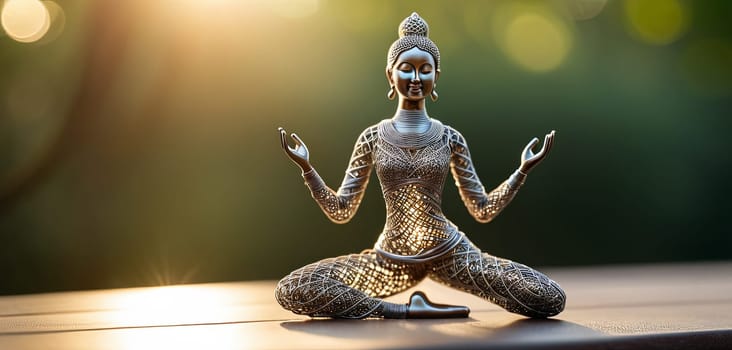 Woman in yoga pose, bent wire figure on nature backdrop, Creative figures symbol of tranquility, art and serenity intersection