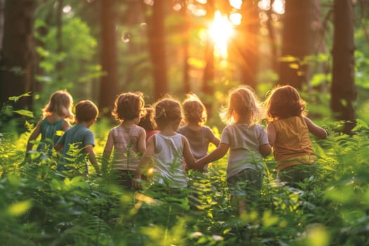 Group of Children Exploring Nature Together in Forest at Sunset