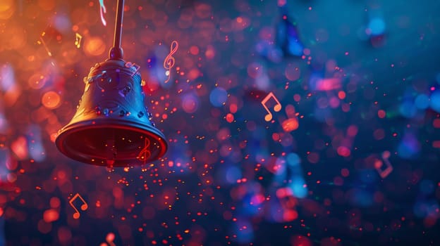 Golden Christmas Bell Ringing with Musical Notes, Confetti, and Bokeh Lights