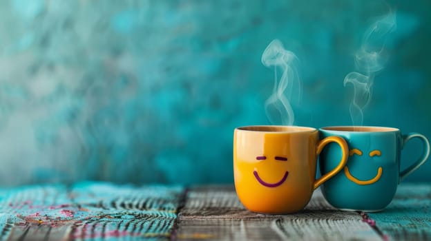 Two happy coffee cups with smile face on rustic wooden table and turquoise background. Concept of love, couple, happiness, togetherness and coffee break.