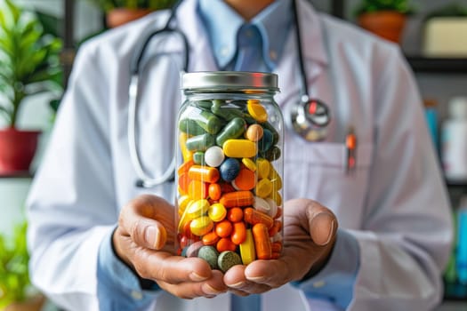 Doctor Holding Jar of Pills, Supplements, and Vitamins. Healthcare, Medicine, and Wellness