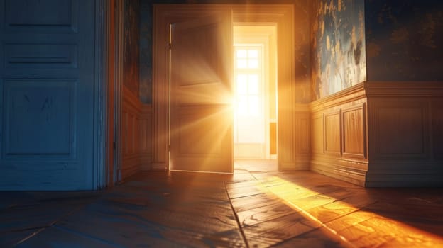 Sunlight Shining Through Open Doorway in Old Fashioned Home, Hope or New Beginnings Concept