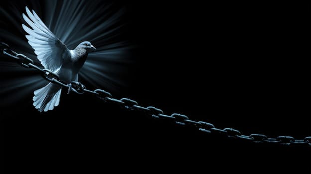 White Dove of Peace and Hope on Chain with Light Rays Breaking Through Darkness
