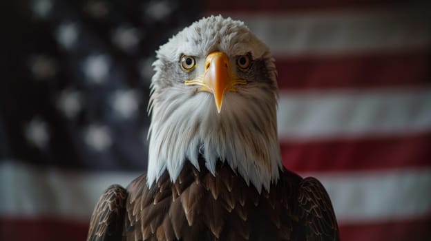 Majestic Bald Eagle Against American Flag. Symbol of Freedom and Patriotism