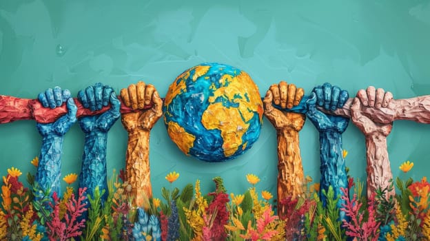 Diverse hands holding onto Earth for environmental protection and sustainability. Concept of world peace, unity and nature conservation.