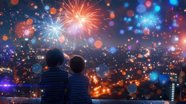 Two young brothers watching fireworks over cityscape at night. Concept of celebration, childhood, and wonder.