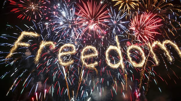Fireworks in the night sky with the word Freedom written on it