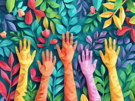 Diverse Hands Raised in Celebration of Nature, Community, and Unity with Vibrant Floral Background