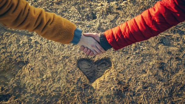 Hands forming heart shape on field, symbolizing love, unity and connection. Concept of friendship, relationship, teamwork and togetherness