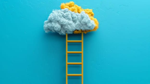 Yellow ladder leading to blue and orange cloud on blue background. Concept of achievement, growth, and aspiration.