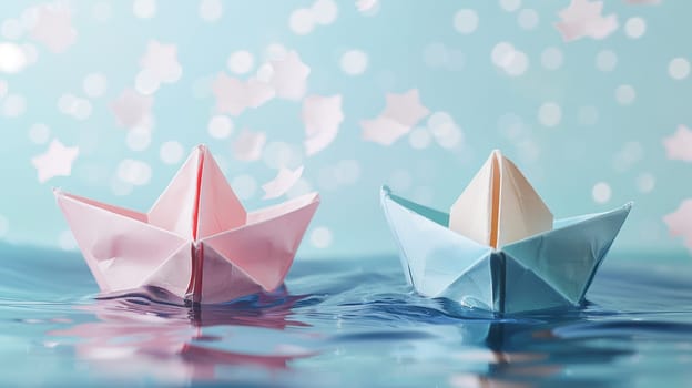 Origami paper boats sailing on tranquil waters with bokeh background. Concept of imagination, adventure, dreams, and serenity