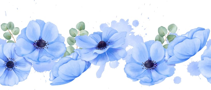 A seamless border featuring delicate blue anemones and eucalyptus leaves. watercolor illustration for digital backgrounds, scrapbooking stationery design or social media graphics.