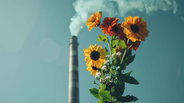 Industrial Pollution Threatening Nature. Smoke Stack Emitting Harmful Emissions Over Flowers