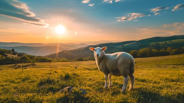 Solitary Sheep at Sunset. Pastoral Landscape with Grazing Farm Animal