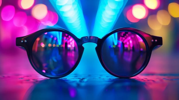 Nightlife Party Reflection in Sunglasses at Bar or Nightclub with Neon Lights and Bokeh