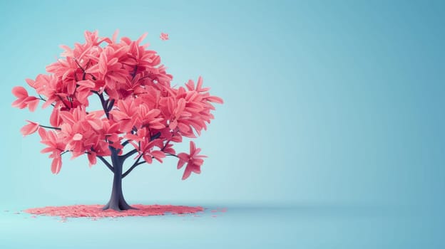 Pink Tree with Falling Leaves on Blue Background. Minimalist Nature Scene with Copy Space