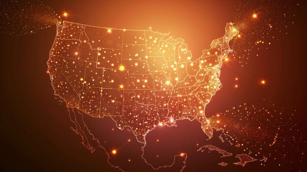 United States Map Outline with Network of Connections and City Lights. Concept of Business, Travel, Technology and Global Communications.
