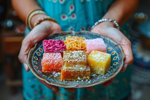 Woman Holding Plate of Colorful Turkish Delight Candy, Traditional Dessert