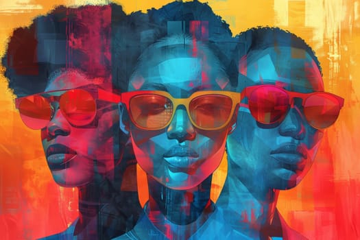 Colorful Abstract Portrait of Three Black Women Wearing Sunglasses with Bold Colors and Geometric Shapes