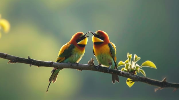 Pair of colorful bee eaters perched on branch, beaks touching in affectionate moment, vibrant feathers against blurred natural background