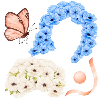 Watercolor set featuring hairstyles made of anemone flowers, accented with butterflies, satin ribbons, and pearls. Ideal for beauty salons, wedding invitations, floral-themed branding, digital illustrations