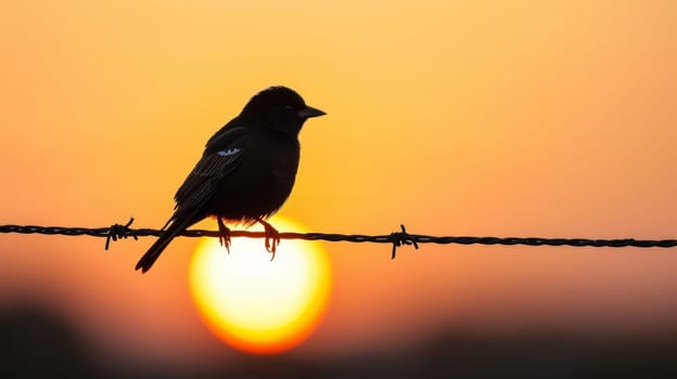 Silhouette of Small Bird Perched on Barbed Wire at Sunset