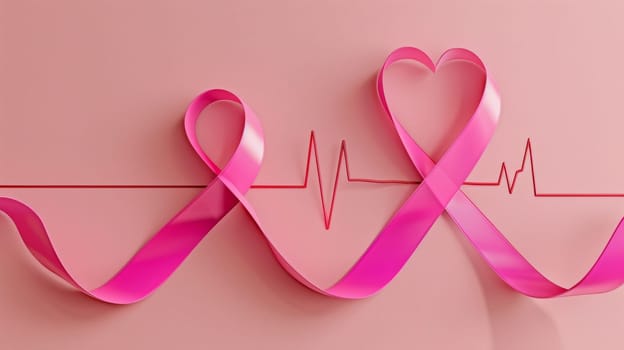 Pink Ribbon and Heartbeat. Symbol of Breast Cancer Awareness, Hope, and Support