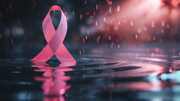 Pink Ribbon Reflecting in Water. Symbol of Breast Cancer Awareness, Support, and Hope