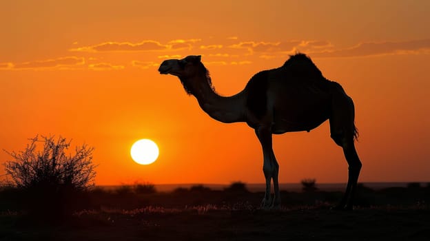 Silhouette of Camel at Sunset in Desert Landscape