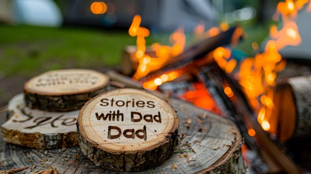Stories with Dad. Wooden Plaque by Campfire Evokes Warm Memories of Family Camping