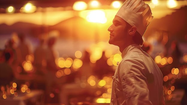 Confident Chef with Pride Observing Busy Restaurant Kitchen During Dinner Service