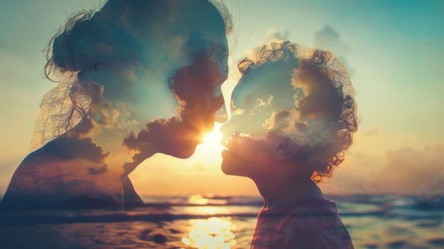 Mother and Child Share Love and Connection at Sunset with Dreamy Cloudscape Overlay