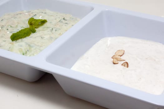 Cucumber mint yogurt sauce and almond yogurt sauce