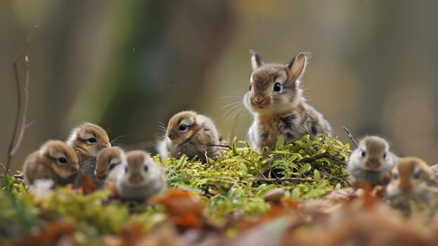A cluster of baby squirrels are perched atop a bed of soft moss. Surrounding them are grass, soil, and other terrestrial plants, creating a cozy wildlife habitat